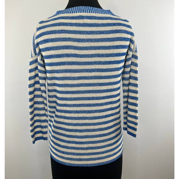 J.Crew Linen Blend Blue White Striped Ribbed Crew Neck 3/4 Sleeve Sweater Sz XS - Picture 4 of 6